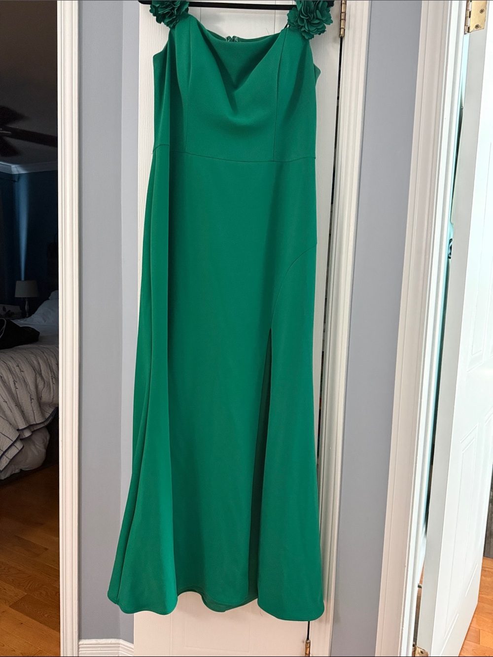 Green Maxi Dress with Floral Shoulder Accents